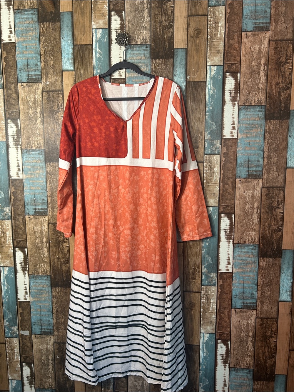 Orange Striped V-Neck Women's Dress